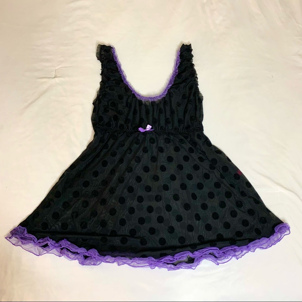Seven til’ Midnight Black and Purple polka Dot Lace and Chiffon Babydoll Slip